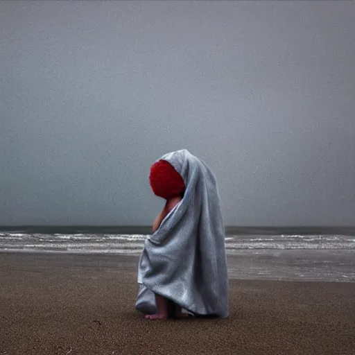 Prompt: glitch girl and very very tall monster wrapped in a blanket looks into the distance on the beach, in the rain, style of Hiroshi Sugimoto ,atmospheric,--ar 16:9