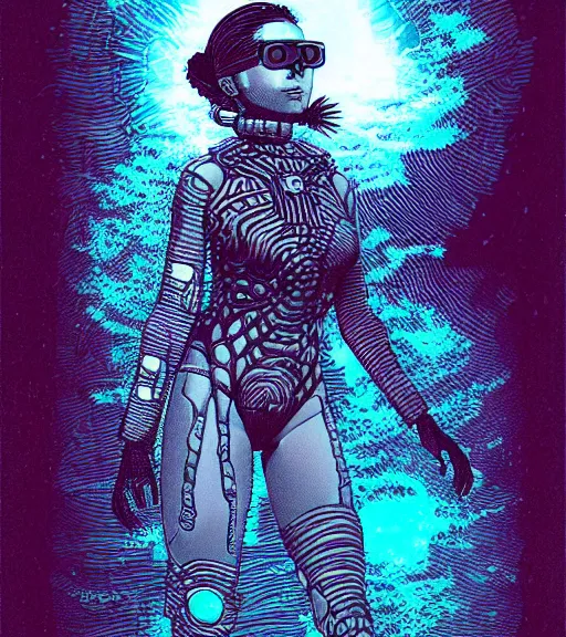 Image similar to a cyberpunk diver Polynesian woman swims through a dark bioluminescent alien coral reef, techwear, Industrial Scifi, detailed illustration, character portrait, by Martin Grip and Moebius