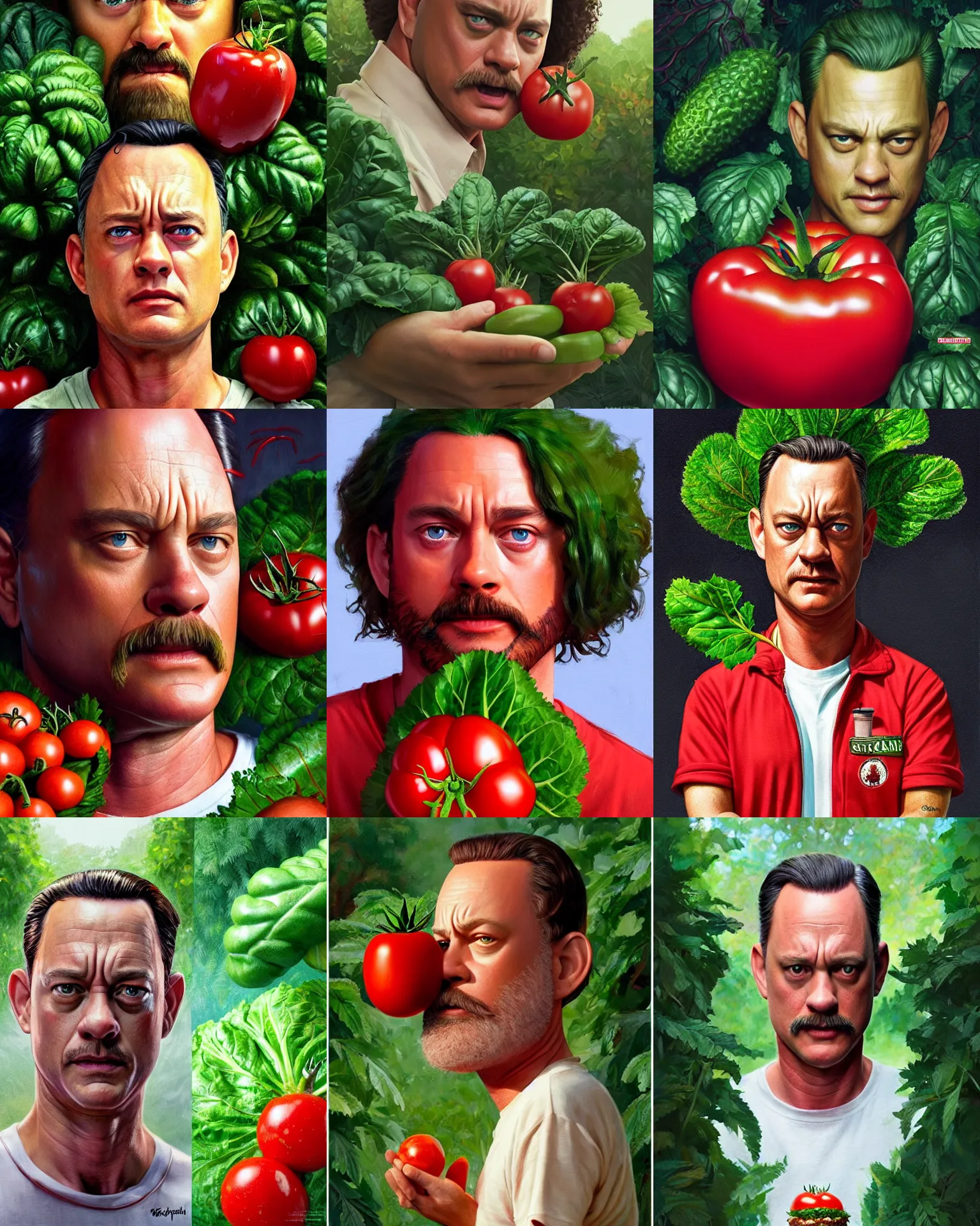 Prompt: forest gump starring tom hank sas a tomato, his skin is red with leafy green hair, pickle rick, dramatic lighting, tom hanks tomato face, shaded lighting poster by magali villeneuve, artgerm, jeremy lipkin and michael garmash, rob rey and kentaro miura style