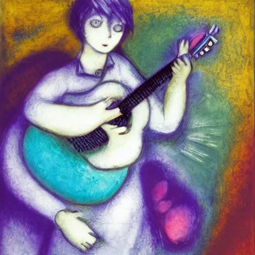 Prompt: A portrait of Vocaloid Hatsune Miku playing guitar by Marc Chagall, sad, omnious, purple colors, award-winning, highly detailed palette knife oil painting, thick impasto, painterly, autochrome, pinhole, realistic lighting, chiaroscuro, very ethereal, very ethereal, silver color, dark, chiaroscuro, nacre, pastel oil inks, , paint-on-glass painting by