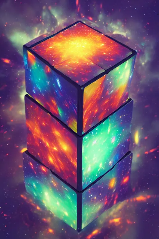 Image similar to cosmic rubik's cube tesseract with wormholes, energy and galaxies around it. epic, dramatic, cinematic, digital art, octane render, blender, 8 k, hyperrealistic, trending on artstation