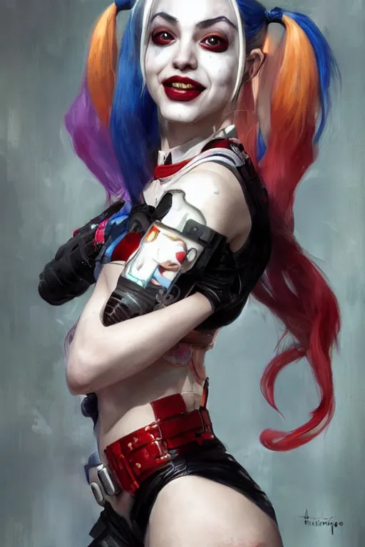 Image similar to portrait of Harley Quinn, dc comics, cyberpunk, Warhammer 40000, digital art from artstation by Ruan Jia and Mandy Jurgens and Artgerm and william-adolphe bouguereau