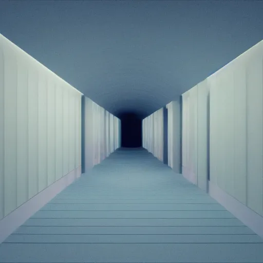 Prompt: noisy color photograph of a retrofuturist liminal space, twisting hallways, minimalist, cinematic, soft vintage glow, 3d render, photorealism