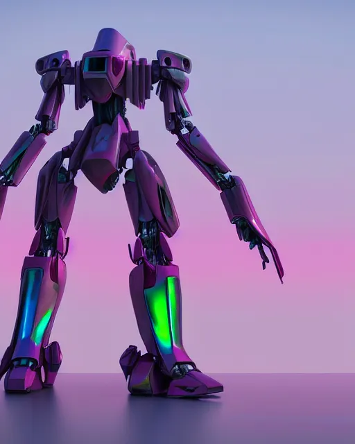 Image similar to hyperrealistic 3d render full mecha iridescent pink foggy landscape concept art vray ute osterwald de chirico sharp cinematic very moody light 8k low angle shallow depth of field