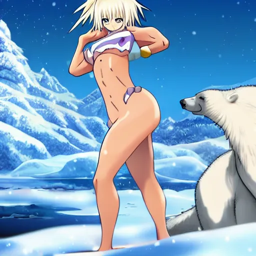 Image similar to bicolor - eyed blonde muscular anime girl in bikini riding a polar bear in the snowy mountains background