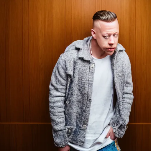 Image similar to macklemore eating cereal at home, photography, depth of field, 7 0 mm lens, studio lighting,