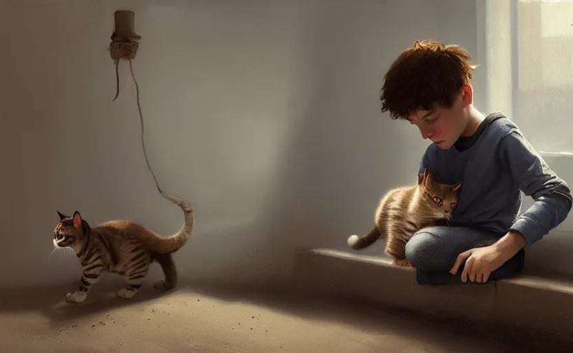 Prompt: painting of sad kid with a cat, hyper realistic t, natural light, concept art, by greg rutkowski, cozy atmospheric and cinematic lighting