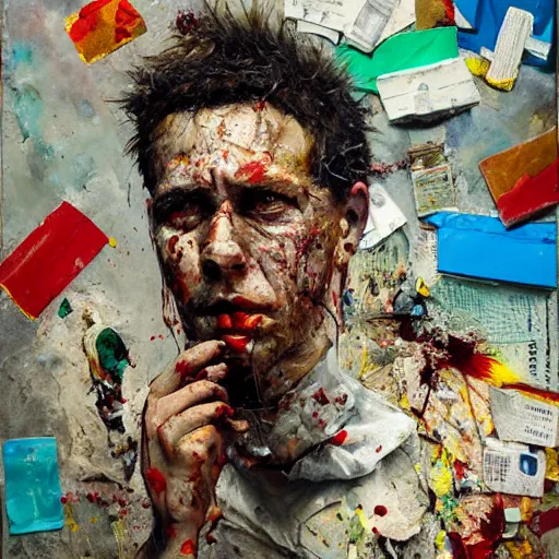 Image similar to hyperrealistic, photorealistic, mixed media oil painting of brother theodore, magazine scraps, plaster, blood, oil, mustard, cigarettes, splatter, trending on artstation, award - winning painting, greg rutkowski, basquiat, ralph steadman, terry gilliam