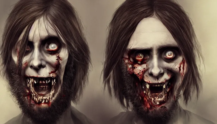 Image similar to Zombie Jared Leto, hyperdetailed, artstation, cgsociety, 8k