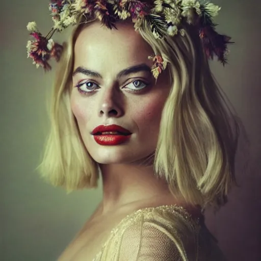 Prompt: fine art photo of the beauty goddess margot robbie, she has a crown of dried flowers, by oleg oprisco