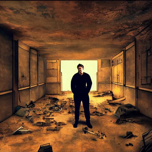 Prompt: last man on mars inside of a dystopian decrepit room, hooked up to a dream machine