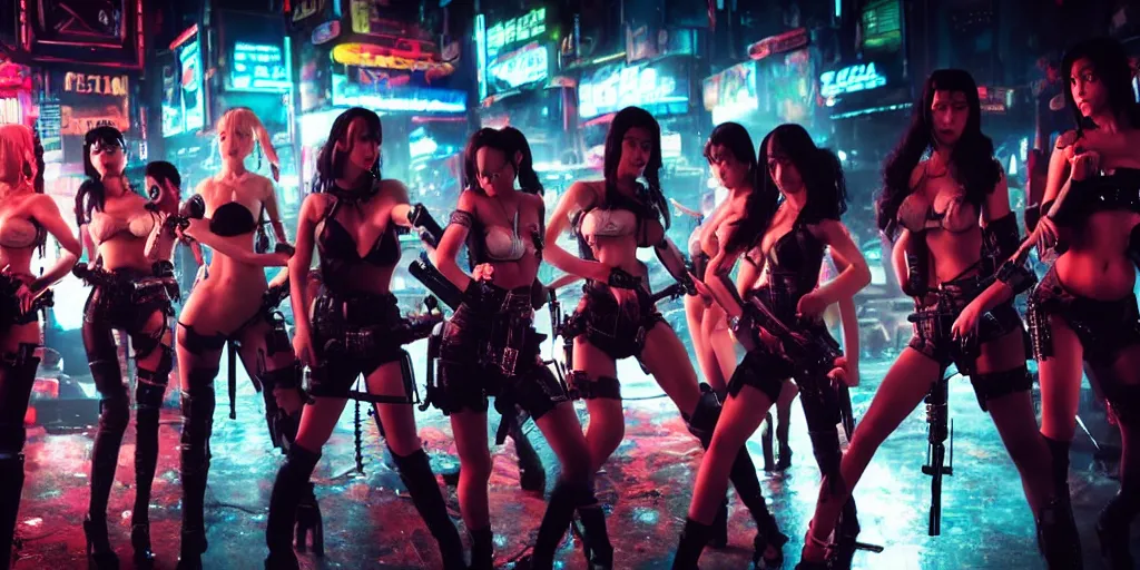 Image similar to epic highly detailed photo of gangs of girls fighting in cyberpunk night adult club, 3 5 mm, guns blasting, low angle, blade runner, akira, cinematic angle, cinematic lighting, reflections, action, battle