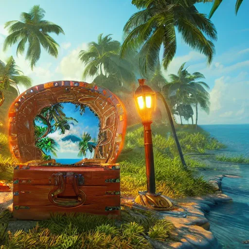 Prompt: a tropical island inside of a treasure chest with ornate details, glow, unreal engine, ultradetailed, trending on artstation, devianart, cgsociety, amazing details