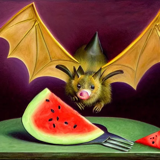 Image similar to realistic fluffy bat stealing a triangle slice of watermelon in the museum, highly detailed, sharp focus, oil painting, artwork by Victor Adame Minguez + Lovell + Sandro Botticelli