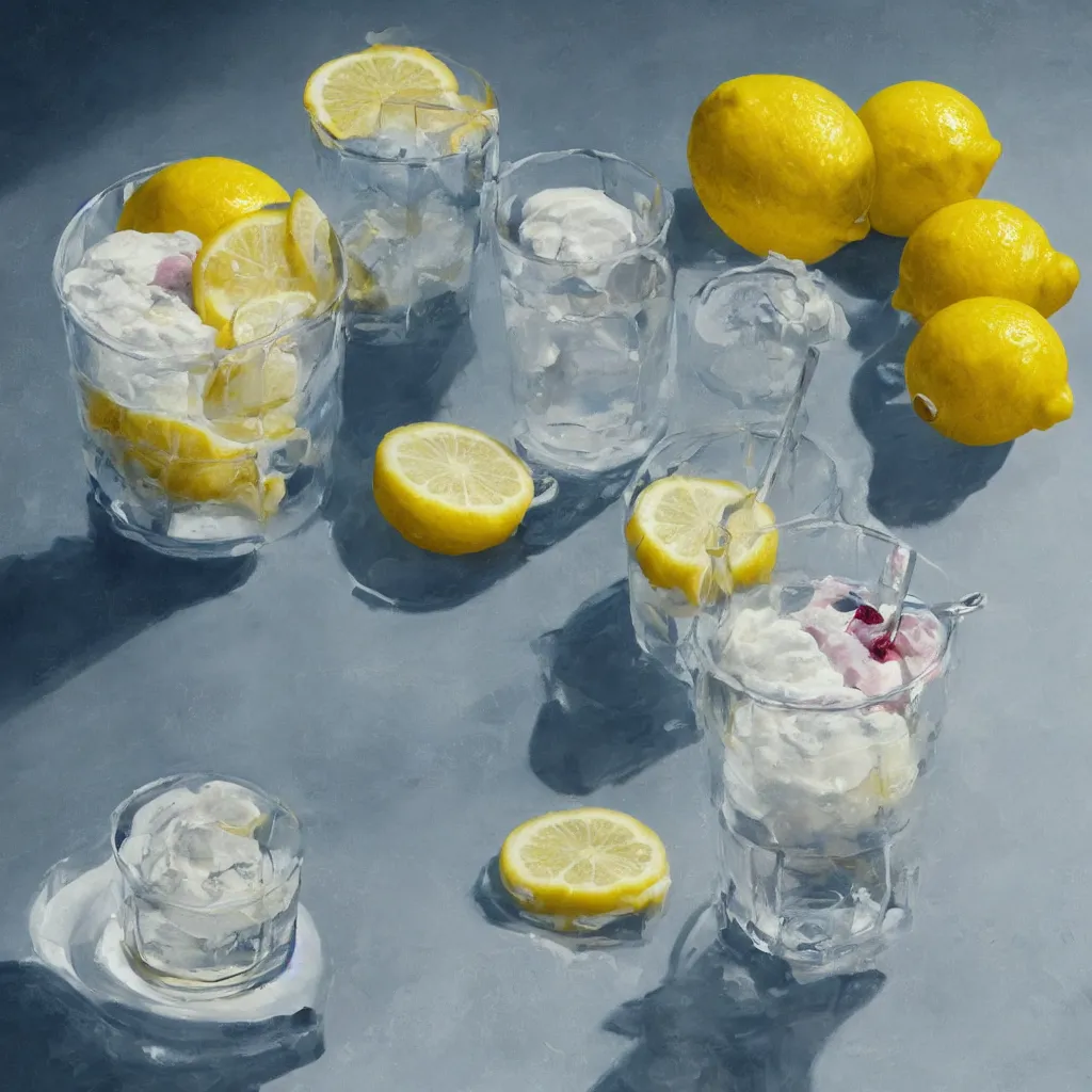 Prompt: a still life painting of cold drinks, ice cream, lemon embellishment, in the style of makoto shinkai, dreamy, soft, global illumination, radiant light, intricate environment, luminescence, highly detailed, 8 k