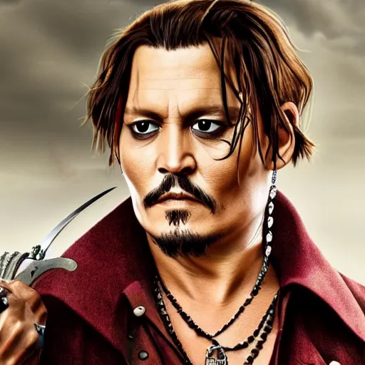 Image similar to johnny depp!!!! holding a sword, photorealistic, 4 k, 8 k