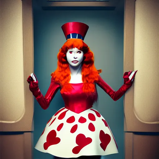 Image similar to red head queen, alice in wonderland theme, disney photo realistic, full body, octane render, 8 k, unreal engine, hd, cinematic lighting