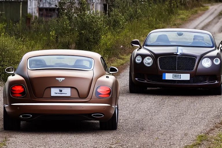 Image similar to modern rusty matte tired Bentley Continental GT without gloss no reflections drives along the road of an old Russian village with houses at the edges