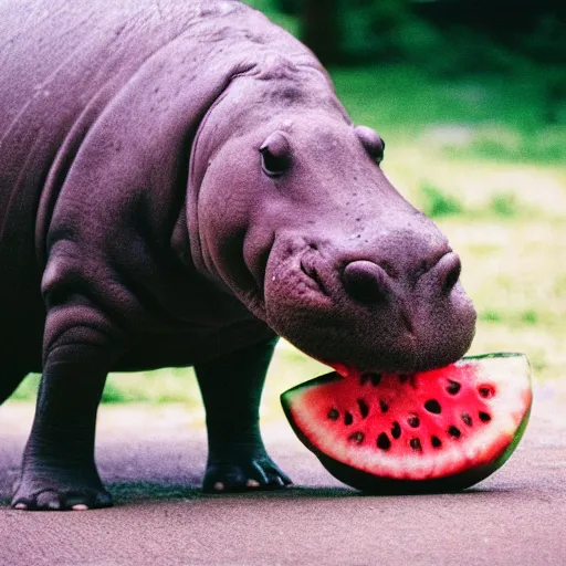 Prompt: photo of hippo with whole watermellon in mouth, cinestill 800t 35mm full-HD