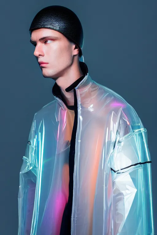 Image similar to an ultra high definition professional high fashion portrait studio full length photograph of a male model wearing a transparent pearlescent raincoat and neon visor in an icelandic black rock environment at dawn. no artefacts. extremely detailed. stark. refraction. shallow depth of field. volumetric light and shadow. ray tracing. light rays.