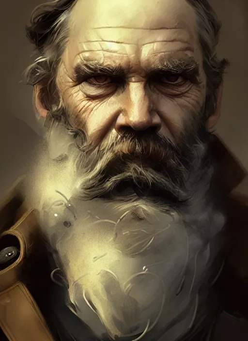 Image similar to portrait of a rugged sea captain in a trenchcoat, victorian, concept art, detailed face, fantasy, close up face, highly detailed, cinematic lighting, digital art painting by greg rutkowski