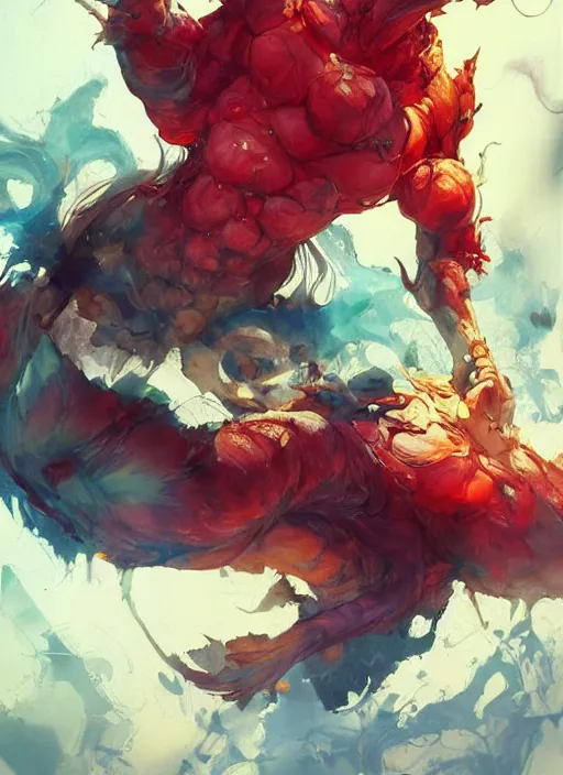 Image similar to semi reallistic gouache gesture painting, by yoshitaka amano, by ruan jia, by Conrad roset, by dofus online artists, detailed anime 3d render watermelon monster, watermelon terrible monster, antrophomorfic watermelon, portrait, cgsociety, artstation, rococo mechanical, Digital reality, sf5 ink style, dieselpunk atmosphere, gesture drawn