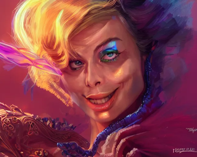 Image similar to margot robbie as a strong fantasy magician who does magic, colorful spells, fantasy art, in the style of Fernando Juarez, illustration, epic art, fantasy, intricate, elgant, amazing detail, digital painting, artstation, concept art, smooth, sharp focus