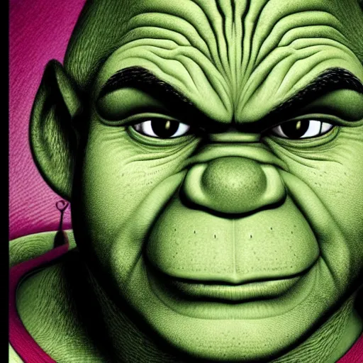 Prompt: a detailed digital art of Shrek in the style of Alex Grey, 8k, ornate, intricate