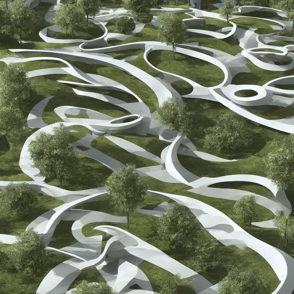 Image similar to “ an incredibly smooth curvilinear architectural sculpture, unfolding continuous golden surfaces enclose a visually interesting garden designed by zaha hadid, architecture render ”