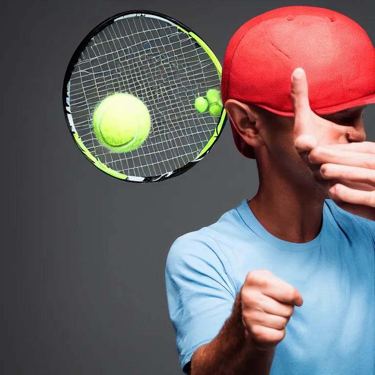 Prompt: A photograph of a large brain holding a tennis racket and trying to hit a tennis ball, professional image taken with a DSLR camera with studio lighting