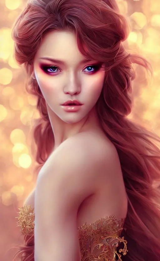 Image similar to a fantasy photo of gorgeous russian female, evening gown, bokeh, medium shot, beautiful face, professionally retouched, soft lighting, realistic, smooth face, perfect eyes, sharp focus, 8 k realistic high definition, insanely detailed, intricate, elegant, art by artgerm and kyoung hwan kim