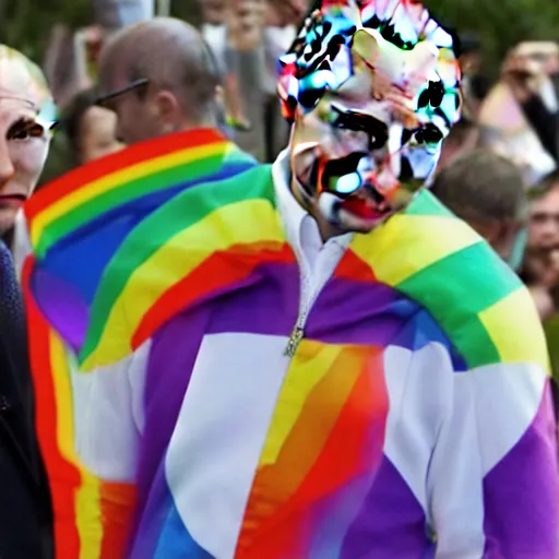 Image similar to Vladimir Putin wearing a rainbow suit surrounded by gay pride flags