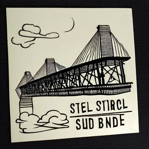 Image similar to small steel suspension bridge built in 1 9 2 8, side view, puffy clouds in background, dooby is flying in the sky, woodcut style, rubber stamp, 8 k