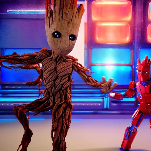 Image similar to groot and optimus prime dancing at techno party among people, wide shoot, octane render, ultra realistic