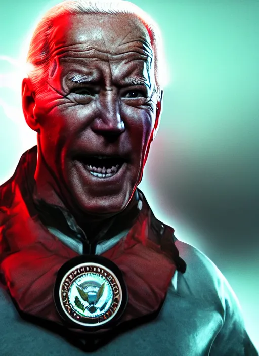 Image similar to hyper realistic ultra realistic omnipotent photo furious red glowing eyes biden, high quality photo, detailed , 8k