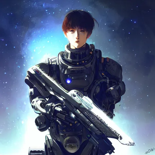 Image similar to photorealistic, bokeh, beautiful detail, stars in the sky, cybernetic, sci-fi space game art, jeon Jungkook holding a gun. alien planet art by Akihito Yoshitomi AND Yoji Shinkawa AND Greg Rutkowski, Mark Arian trending on artstation