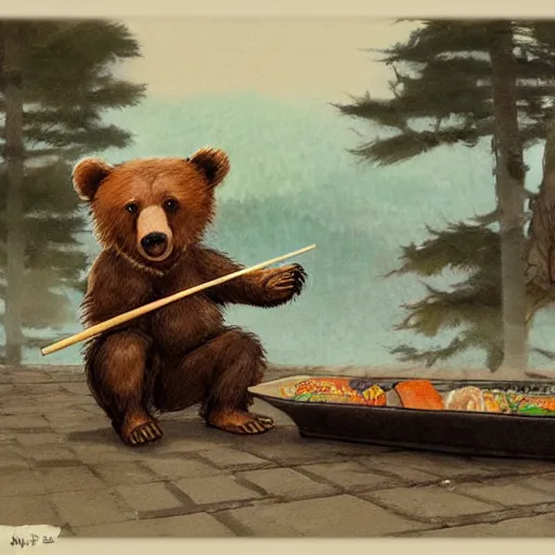 Image similar to bear eating sushi with chopsticks, a detailed matte painting by anton pieck, deviantart contest winner, fantasy art, concept art, official art, matte drawing