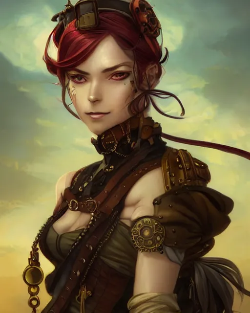 Image similar to a beautiful close up portrait 2D illustration of a young female steampunk pirate wearing leather armor on gold and red trimmings on green, by Charlie Bowater, tom bagshaw, Artgerm and Lois Van Baarle, beautiful anime face, very cool pose, pirate ship with an epic sky background, slightly smiling, cinematic anime lighting and composition, fantasy painting, very detailed, ornate, trending on artstation and pinterest, deviantart, google images