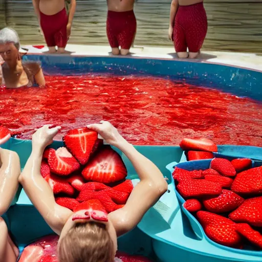 Image similar to women bathing in a bath full of strawberries, no water, only strawberries