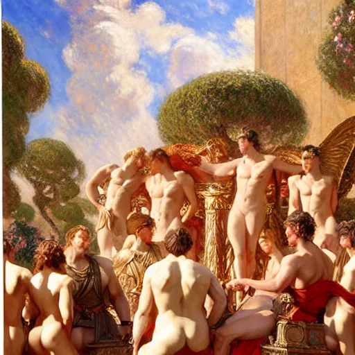 Image similar to hercules watches achilles while they wait in line to worship at zeus'feet, throne of olympus, heavenly marble, gods and goddesses in elegant clothes, painting by gaston bussiere, craig mullins, j. c. leyendecker, tom of finland, claude monet