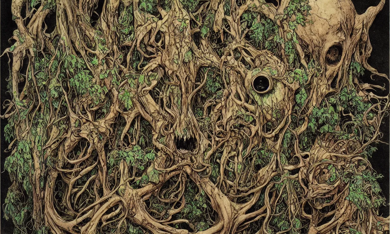 Image similar to hyperdetailed art nouveau portrait of treebeard and old groot as a cthulhu eyeball moose skull wendigo swamp thing cryptids, by michael kaluta, simon bisley and bill sienkiewicz, photorealism, claws, skeleton, antlers, fangs, forest, wild, bizarre, scary, lynn varley, lovern kindzierski, steve oliff