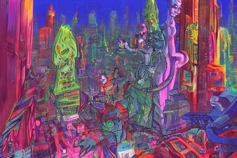 Prompt: surreal colorful nightmarish cityscape, artwork by ralph bakshi