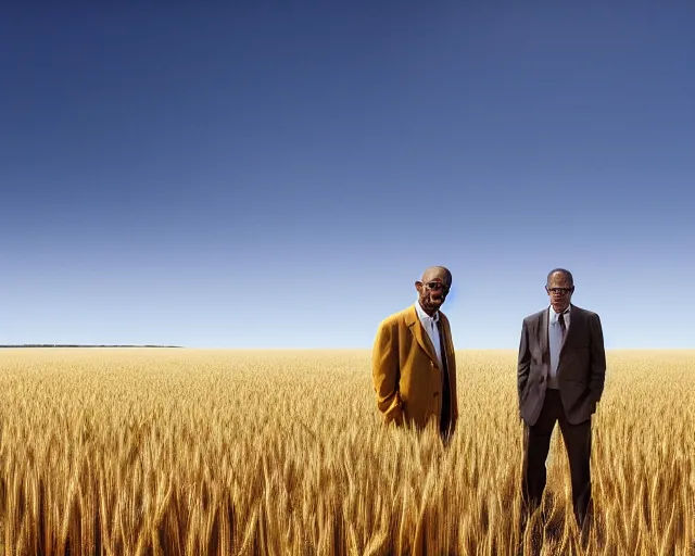 Image similar to extreme long shot of walter white and gustavo fring standing in front of each other from a distance in a wheat field, low angle, side view, 3 5 mm photograph, 8 k resolution, wide shot, sharp lens