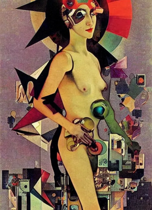 Image similar to cute punk goth fashion fractal alien martian girl with wearing a television helmet and kimono made of circuits and leds, surreal Dada collage by Man Ray Kurt Schwitters Hannah Höch Alphonse Mucha