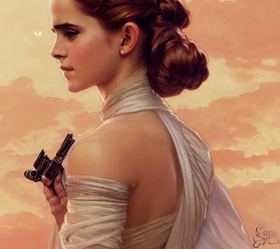 Image similar to photography of a sensual emma watson dressed like princess leia slave girl outfit star wars, deep focus, intricate, elegant, highly detailed, digital painting, artstation, concept art, matte, sharp focus, illustration, art by artgerm and greg rutkowski and alphonse mucha and gil elvgren