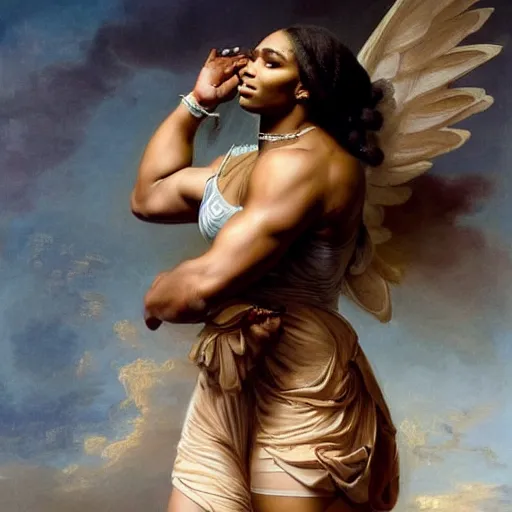 Image similar to Full body Portrait of Serena Williams in Nike gear as Nike Goddess, large wings, luxuriant, dreamy, eternity, romantic, strong pose, highly detailed, in the style of Franz Xaver Winterhalter, highly detailed, in the style of Aetherpunk