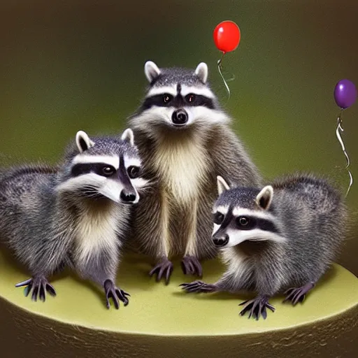 Image similar to three racoons having a cool birthday party, photo, highly detailed