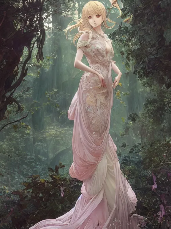 Image similar to anime key visual of leda with her back to the camera wearing a gown designed by monique lhuillier!! intricate, magical forest, stunning, highly detailed, digital painting, artstation, smooth, hard focus, illustration, art by artgerm and greg rutkowski and alphonse mucha