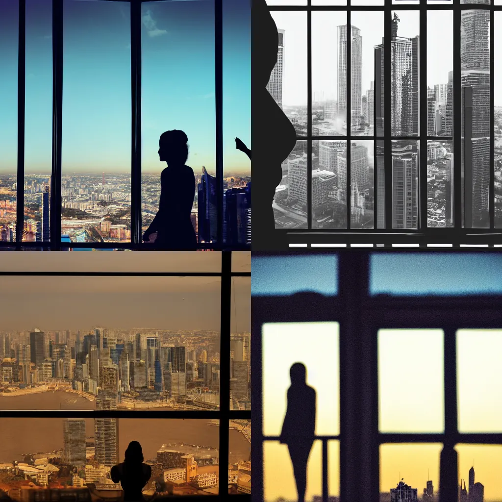 Prompt: View from window on megapolis, silhouette of women who watches to the window, cinematic, photo real