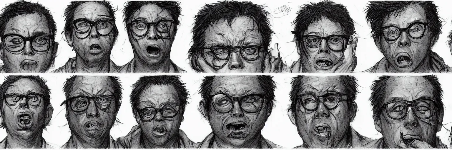 Prompt: character faces, realistic todd solondz crying, clear todd solondz face, glasses, disturbed, character sheet, fine details, concept design, contrast, kim jung gi, greg rutkowski and da vinci, 8 k, emotional, face turnaround 3 6 0, front view, back view, side view, ultra wide angle